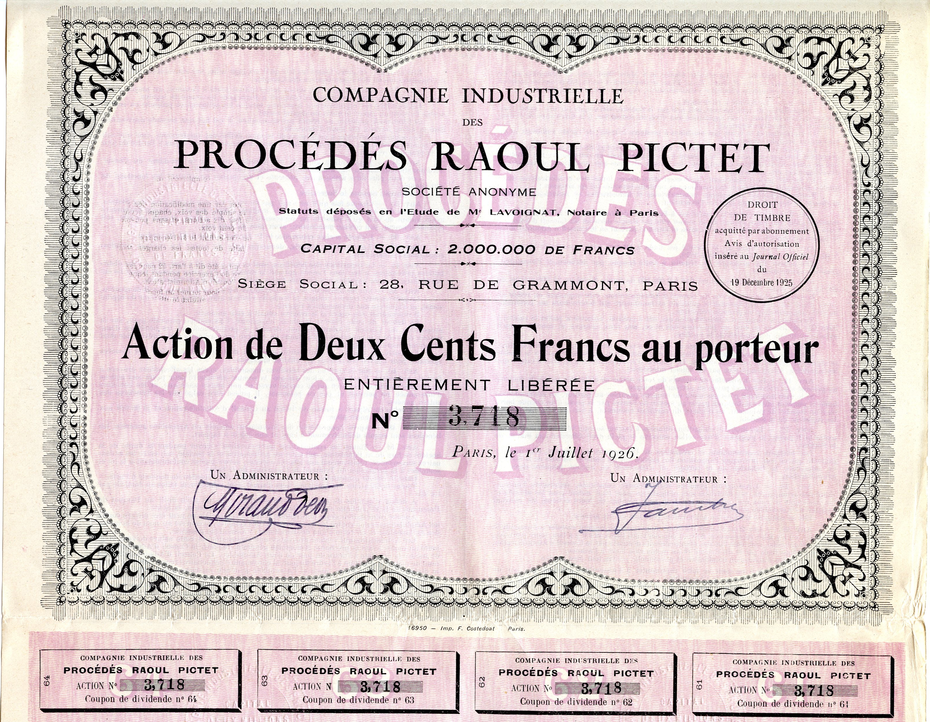 Action de la Compagnie industrielle des procédés Raoul Pictet, 1926