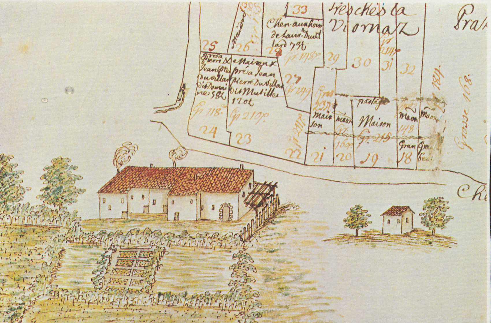 Vieilles maisons de Neydens, dessin aquarellé illustrant le plan cadastral de Neydens, par Nicolas Notinguer, 1717